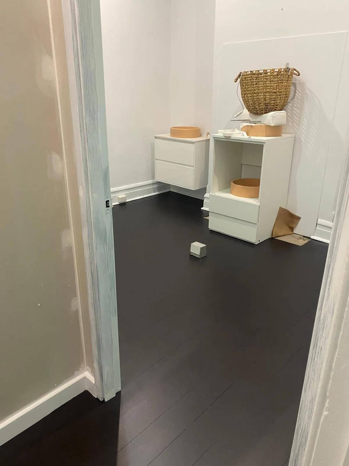 Fresh epoxy floor coating in progress