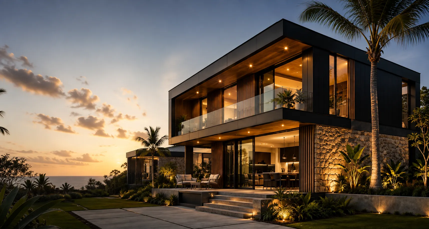 Modern two-storey modular home at sunset in Mauritius
